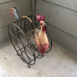 Vintage Red Green Wrought Iron Metal Rooster Shaped Wine Bottles Rack